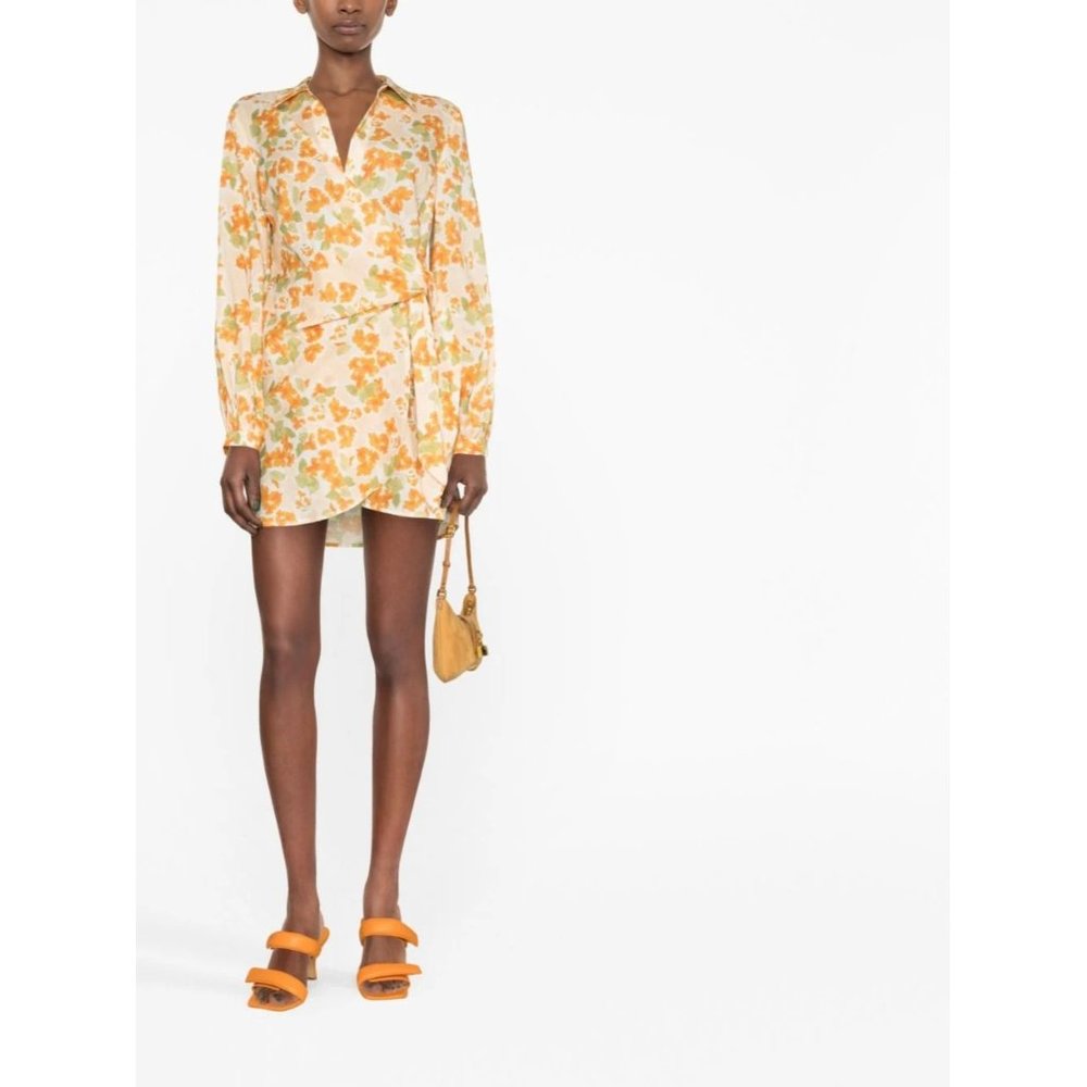 NWOT Peony Cream Orange Floral Print Linen Blend Wrap Mini Dress Women's X-Small